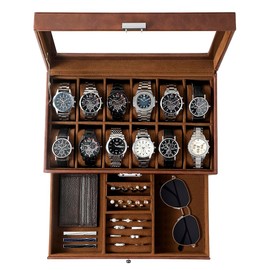 GUKA Watch Box, 12 Slot Watch Case, Watch Cases for men with Real Glass Lid, Synthetic Leather Watch Organizer storage with Jewelry Case, Birthday for Men and Women, Brown