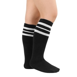 Zando Kids Child Cotton Three Stripes Sport Soccer Team Socks Uniform Tube Cute Knee High Stocking for Boys Girls 1 Pairs Black White One Size