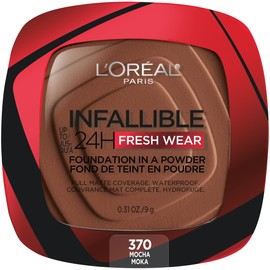 L'Oreal Paris Makeup Infallible Fresh Wear Foundation in a Powder, Up to 24H Wear, Waterproof, Mocha, 0.31 oz.
