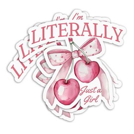 Set 3Pcs I'm Literally Just A Girl Sticker Funny Cherry Bow Girlie Cute Meme Humor Bookish Hard Hat Waterproof Die-Cut Vinyl Sticker for Water Bottle Laptop Phone for Friend Coworker (3 Inches)