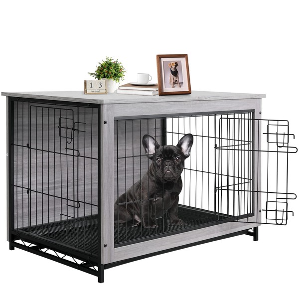 TLSUNNY Dog Crate Furniture, Wooden Side End Table, Modern Dog Kennel with Double Doors, Heavy-Duty Dog Cage with Pull-Out Removable Tray, Indoor Medium/Large/Small Pet House Furniture, 29.1'' (Grey)