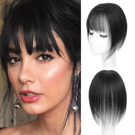 BUPPLER Hair Toppers for Women 360°3D Cover Clip in Bangs 100% Real Human Hair Topper with Bangs for Thinning Hair Clip on Bangs Hair Clip in Hair Extensions/Pieces for Daily Wear,5×10 Black