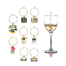 Wine Charms for Stem Glasses,Wine Glass Charms for Family Gathering Wedding Birthday Party ,Wine Tasting Party Decorations, 80's vintage Themed Set of 8 Wine Charms