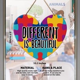 Autism Awareness Wall Door Sign, Inspirational Autism Sign Nursery Classroom Baby Kids Bedroom Wood Hanging Wall Decor Sign Plaque, Motivational Gifts for Autism Child, Different Is Beautiful