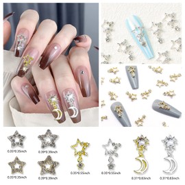 DANNEASY 32pcs 3D Star Nail Charms Dangle Flat Back Charms for Nails Rhinestones Gems Crystal Diamond Gold Silver Metal Nail Studs Nail Decoration for Acrylic Nails DIY Craft Jewelry Making