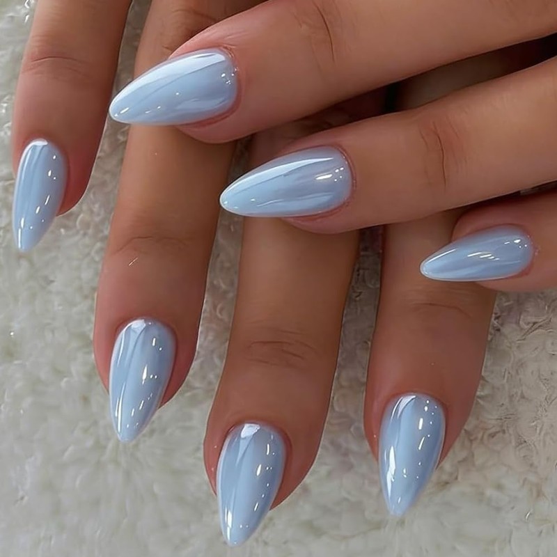 Uñas postizas cortas almendradas Chrome Baby Blue, uñas postizas de
