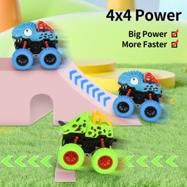 VoMii Monster Truck Pack of 2, Dinosaur Toy Car for Children from 3-10 Years, 360° Stunt Rotation, Large Rubber Wheels, 4x4 Power Inertia-Powered Vehicles, Racing Car Play Sets for Children