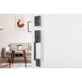 BRINKS Contemporary Keyed Entry Door Handleset with Straight Lever and Deadbolt, Satin Nickel – Modern Front Door Lock Set, Easy Install, Pick-Resistant (Matte Black)