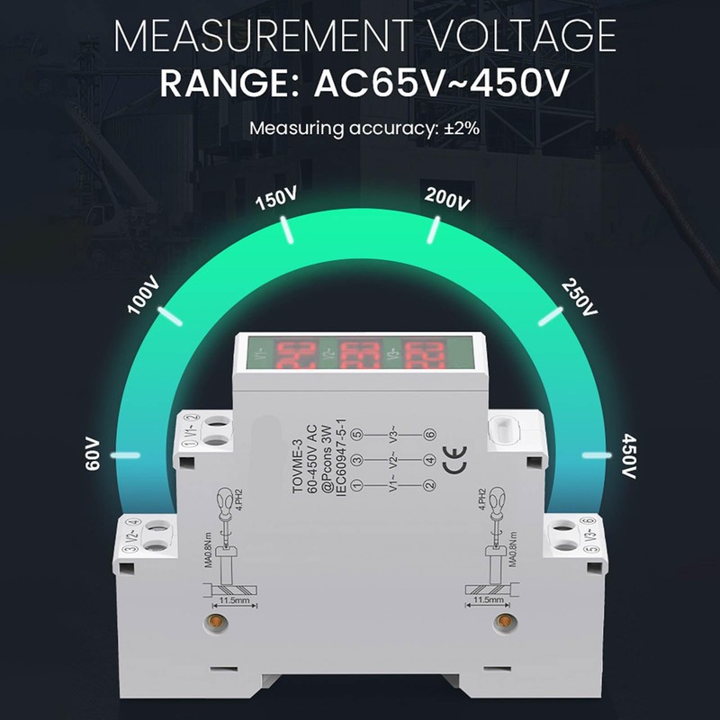 Telituny Voltmeter DIN Rail, 3-Phase AC Voltmeter, DIN Rail Mounting,