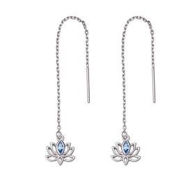 Sterling Silver Lotus Flower Threader Earrings, Blue Crystal, S925, 9x8mm