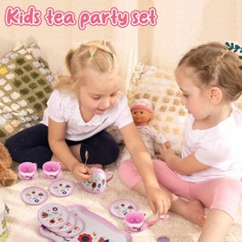 Pretend Play Tea Set for Little Girls, Gift for Age 3 4 5 6 Year Old, Toddler Toys Tea Party Set for Girls, Lajeje 19 PCS Tea Party Set for Kids, Learning and Social Skills, Birthday Gift for Girls