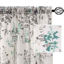 H.VERSAILTEX Linen Sheer Curtains for Living Room Curtains 63 Inches Long Light Filtering Rod Pocket Window Sheer Linen Curtains for Bedroom, 2 Panels, Classical Floral Printing Turquoise and Taupe