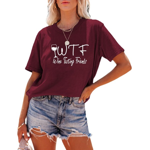 Women WTF Wine Tasting Friends Tshirt (Red,Medium,Medium,Female,Adult,US,Alpha,Regular,Regular)