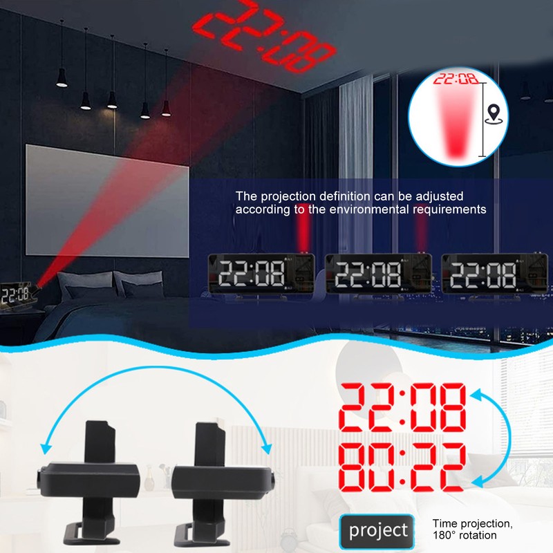 Digital Projection Alarm Clock LED Display USB Powered Auto Sensitivity