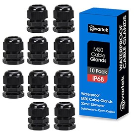 10 Pack M20 20mm IP68 Waterproof Black Cable Glands, Suitable for 6mm - 12mm Cables, Plastic Nylon Compression Glands Connectors with Locknut and Washer - AVARTEK