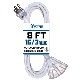 YOJOE 3-Outlets Indoor Outdoor Extension Cord with Lighted End, 3 Prong 13A Weatherproof Power Cord, 16 Gauge Heavy Duty 8 ft White Extension Cord Multiple Outlets, 16/3 SJTW UL Listed