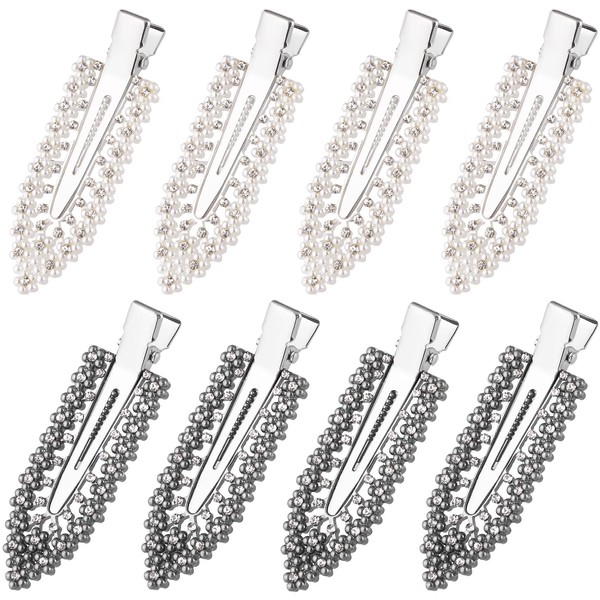 Joez Wonderful 8pcs Rhinestone No Bend Hair Clips, No Crease Hair Clips, Pearl Flat Clip Bangs Makeup Hair Barrette for Women and Girls Styling (4 White & 4 Gray)