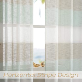 Central Park Tan and Spa Blue Stripe Sheer Color Block Window Curtain Panel Linen Texture Window Treatment for Bedroom Living Room Farmhouse Drape 90 Inches with Grommets, 40"x90", 2 Panel