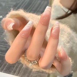 Gradient French Press on Nails Medium Length Aritifical Square Fake Nails Silver Stripes Design Arcylic False Nails Full Cover Reusable Coffin Nails Nature Fit Stick on Nails Glue on Nails for Women