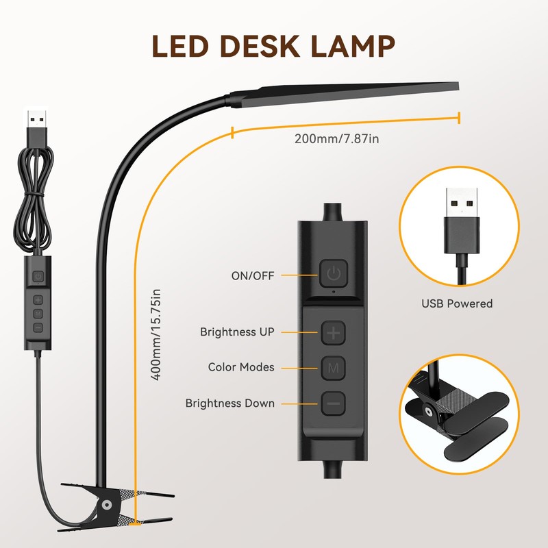 LINTYLE Clip on Desk Lamp, 5W LED Reading Light, 400