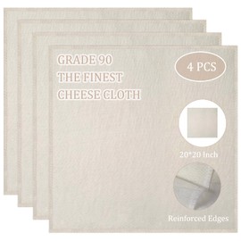 Cheesecloth, Precut 20x20Inch, Grade 90 Hemmed Cheese Cloths for Cooking Reusable and Washable, 100% Unbleached Pure Cotton Muslin Cloths for Straining Butter, Cheese, Nut Milk (4 Pieces)