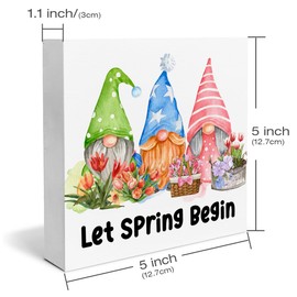 Spring Decor Farmhouse Let Spring Begin Spring Gnomes Wood Box Sign Spring Decorations Rustic Home Desk Shelf Tabletop Decor 5 x 5 Inches