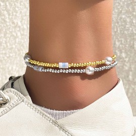 YienDoo Boho Layered Pearl Anklet Bracelet Gold Silver Faux Pearl Ankle Chain Layered Charm Anklet Minimalist Summer Beach Anklet Foot Jewelry Gifts for Women Girls