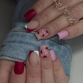 OHWODA French Tip Valentine’s Press on Nails Short Square Fake Nails with Red Pink Heart Design Valentine’s Day Glue on Nails Full Cover Small Hearts Stick on Nails for Women Nail Art Decorations