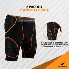 WEARCOG Adult Football Girdle for Men's | 5 Padded Integrated Football Pads with Hip, Tail, Thigh Pads and Cup Pocket | Black Extra Large Size