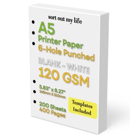 A5 Blank Paper, 120 GSM, 6-Hole Punched, 200 Sheets (400 Pages), Printer Paper 148 x 210 mm (5.83 in x 8.27 in)