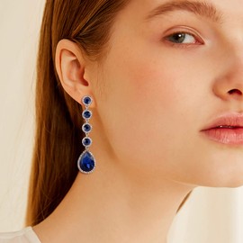 BriLove Women's Elegant Wedding Bridal Earrings Rhinestone Crystal Beaded Teardrop Chandelier Dangle Drop Sapphire Color Silver-Tone