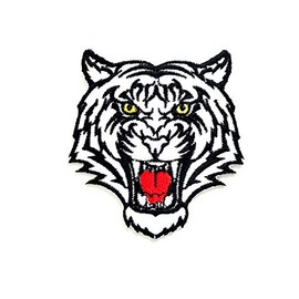 TH White Roaring Striped Tiger Head Face Animal Wild Biker Motorcycle Logo Applique Embroidered Sew on Iron on Patch for Backpacks Jeans Jackets Clothing