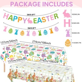 Easter Party Decorations Set – 2 Gold Glitter Banners & 2 Plastic Tablecloths, Happy Easter Bunny Garland, Egg & Green Plaid Table Covers, Easter Table Decor for Home, Classroom & Spring Celebrations