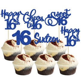 Paquete de 30 adornos para magdalenas de feliz cumpleaños 16, color azul oscuro con purpurina, dulces de 16 vítores a 16 años de edad, para decoraciones de pasteles de feliz cumpleaños 16 cumpleaños