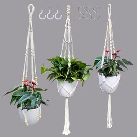 WIWUE GUO 3 Pack Macrame Plant Hanger, Indoor Hanging Planter Basket with Wood Beads and 3 Hooks, Different Size for Boho Indoor Outdoor Home Decor, Lvory(POTS NOT Included)