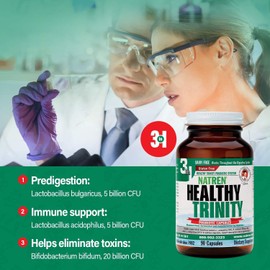Natren Natren Healthy Trinity Probiotics Supplement - 90 Dairy and Gluten Free Gel Capsules - Improve Gut and Digestive Health, 30 Billion CFU - Lactobacillus Acidophilus, Bifidobacterium, Bulgaricus