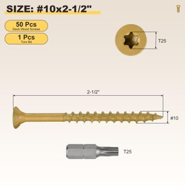 METALLIXITY Deck Screws (#10x2-1/2) 50Pcs, Carbon Steel Wood Screw Decking Screws with T25 Torx Drive Head - for Wood Fence, Table, Chairs, Tan