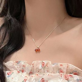 TseenYi Ruby Cherry Neckalce Red Cz Cherry Pendant Neckalce Gold Cherry Agate Stone Necklace Retro Cherry Choker Necklace Minimalist Fruit Necklace Chain Jewelry for women and Girls Gifts