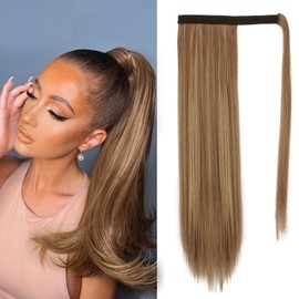 BARSDAR Straight Ponytail Extension - 20 Inch Long Straight Wrap Around Ponytail for Women Clip in Ponytail Hair Extensions Synthetic Highlight Hair Pony Tails Hairpieces Daily - Brown & Blonde