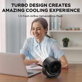 MORECORE Personal Desk Fan, Strong Turbo Quiet Small USB Fan, 360° Rotate & 5 Speeds Adjustable, 17hrs Running, 4000mAh Battery Operated Portable Fan with LED Display for Home Office Desktop-Black