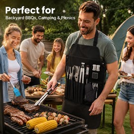 BBQ Grill Accessories Set for Outdoor Cooking – Stainless Steel Tool Kit with Apron & Carry Case
