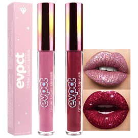 evpct evpct 2Pcs Mauve & Dark Red Matte to Glitter Liquid Lipstick Set Kit for Women Long Lasting Glossy Metallic Shimmer Sparkle Lipstick Lip Gloss 01+04