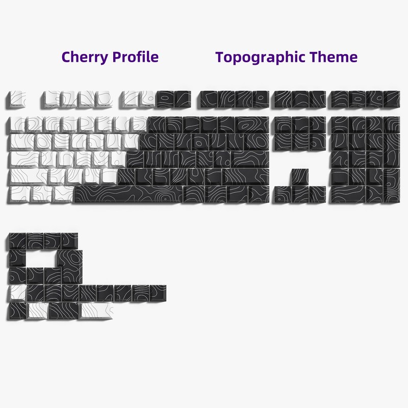 double shot PBT keycaps,white and black,Topographic keycaps,lines backlit,Shine Through keycap,Side