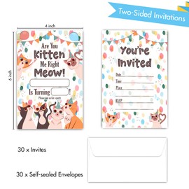 Cute Kittens Birthday Party Invitations, Let's Paw-Ty Kitty Cats Fill-In Invites For Adults Girls Teens Boys, 30PCS Invitations With Envelopes Party Favors Supplies