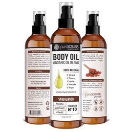 pureSCRUBS Ultra Moisturizing SANDALWOOD BODY OIL Spray For Dry Skin, Massage, Cuticles & More, Organic Blend of Jojoba, Argan, Coconut, Sweet Almond & Avocado Oils Enriched with Vitamin E - Lg 4oz