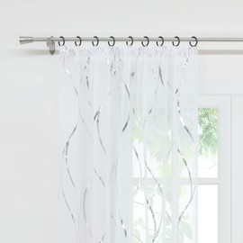 CORLIF Curtains with Ruffle Tape, Transparent Curtain, Voile Curtain, Window Curtain, Waves Print, Silver, W/H 140/225 cm, Pack of 1