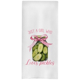 BYRFIIEU Pickle Gifts Kitchen Towels, Just a Girl Who Loves Pickles Decorative Dish Tea Towels for Kitchen Decor, Coquette Pink Bow Hand Towels, 16x24 Inches
