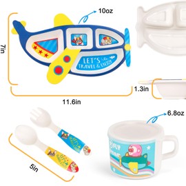 PHEENOWL Toddler Dinnerware Set, 4-Pieces Includes Divided Plate Bowl Cup Fork Spoon Utensils, BPA Free Bamboo Fiber Material Perfect for Boys - Airplane