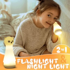 2-in-1 Night Light with Flashlight for Kids-Rechargeable LED Dimmable Night Light for Toddler Bed Room Glow in Dark Handheld Emergency Flashlight for Nursery Camping Gear Hallway Stairway Walking