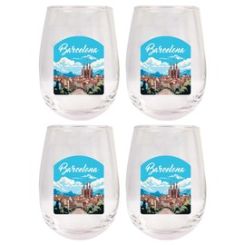 R and R Imports Barcelona Spain Design A Souvenir 15 oz Stemless Wine Glass 4-Pack